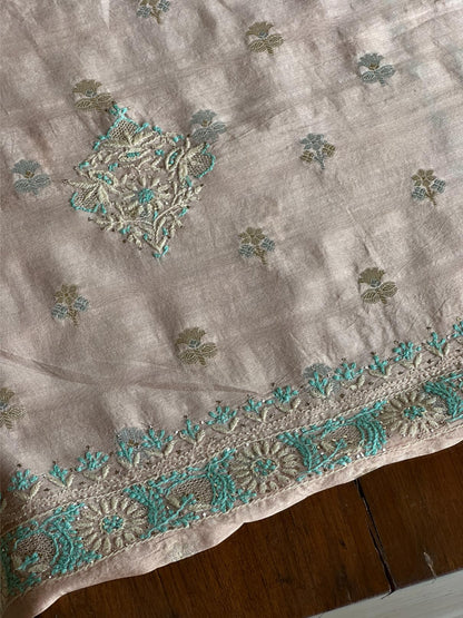 Pastel Pink Shade Zari Booti Fine Chikankari With Kamdani Work Unstitched Fabric