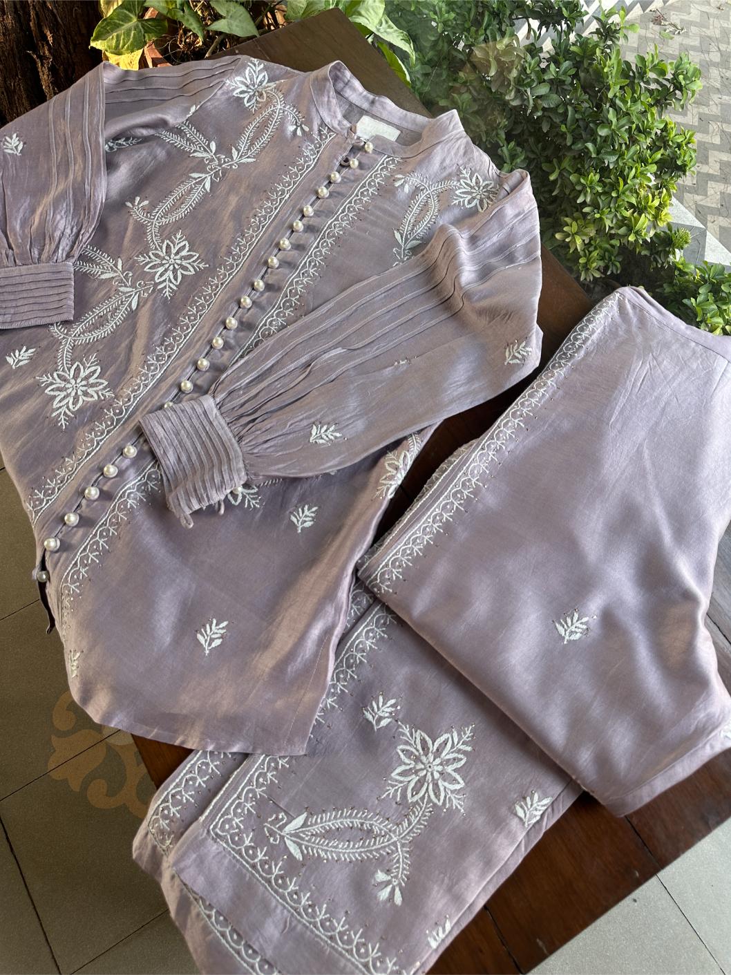 Pastel Purple Chanderi Chikankari Co-Ord Set