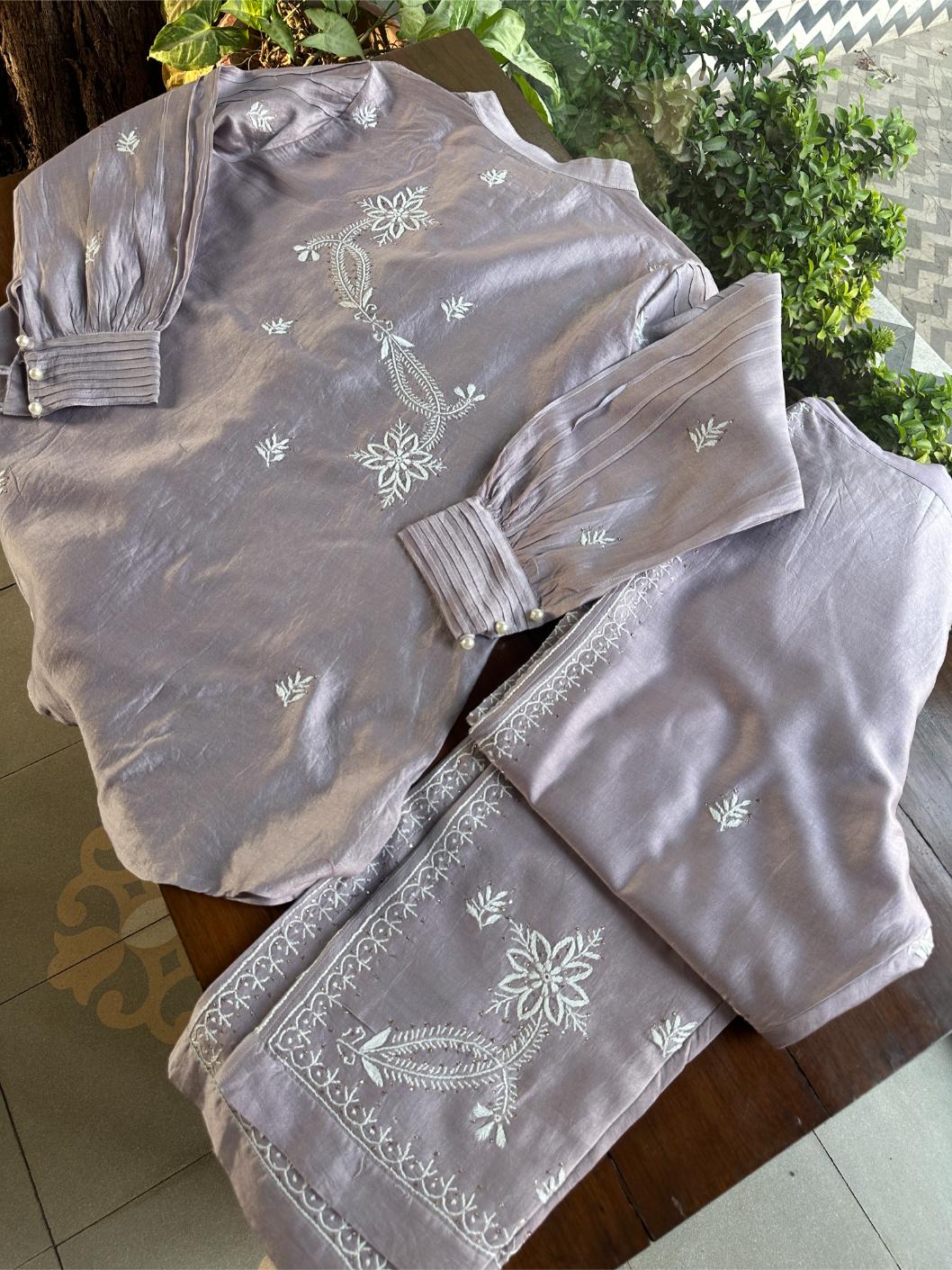 Pastel Purple Chanderi Chikankari Co-Ord Set