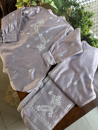Pastel Purple Chanderi Chikankari Co-Ord Set