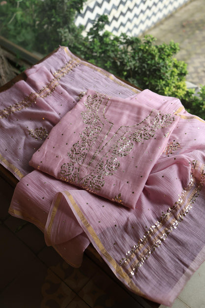 Pastel Purple Chanderi Silk Mukaish Badla Unstitched Fabric