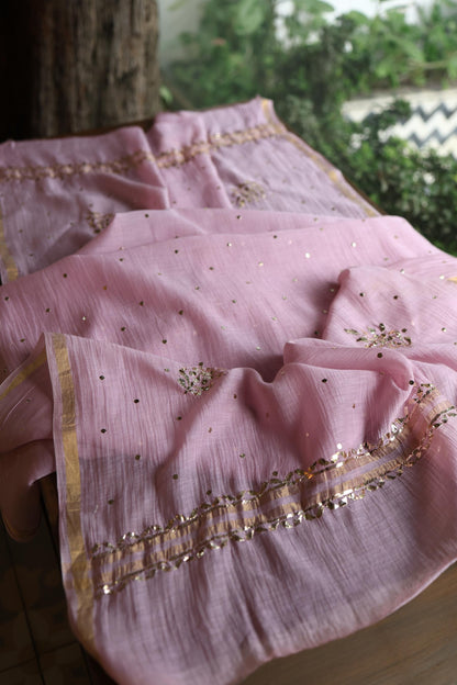 Pastel Purple Chanderi Silk Mukaish Badla Unstitched Fabric