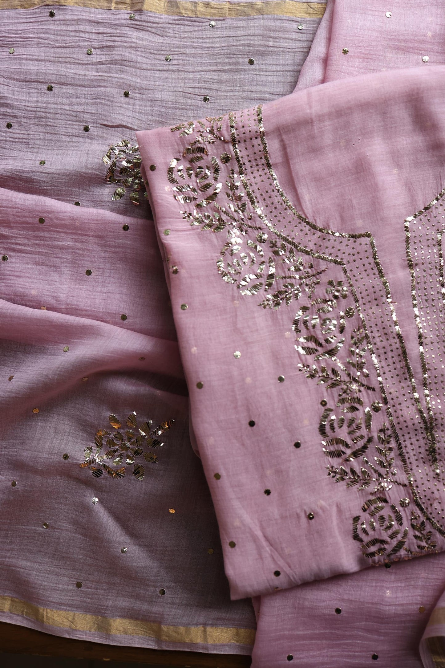 Pastel Purple Chanderi Silk Mukaish Badla Unstitched Fabric