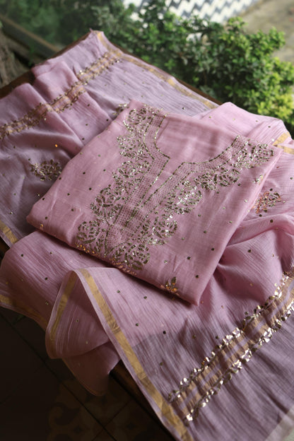 Pastel Purple Chanderi Silk Mukaish Badla Unstitched Fabric