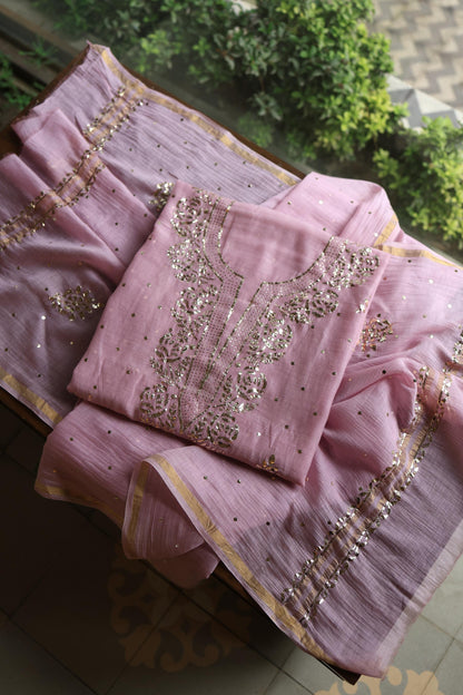 Pastel Purple Chanderi Silk Mukaish Badla Unstitched Fabric