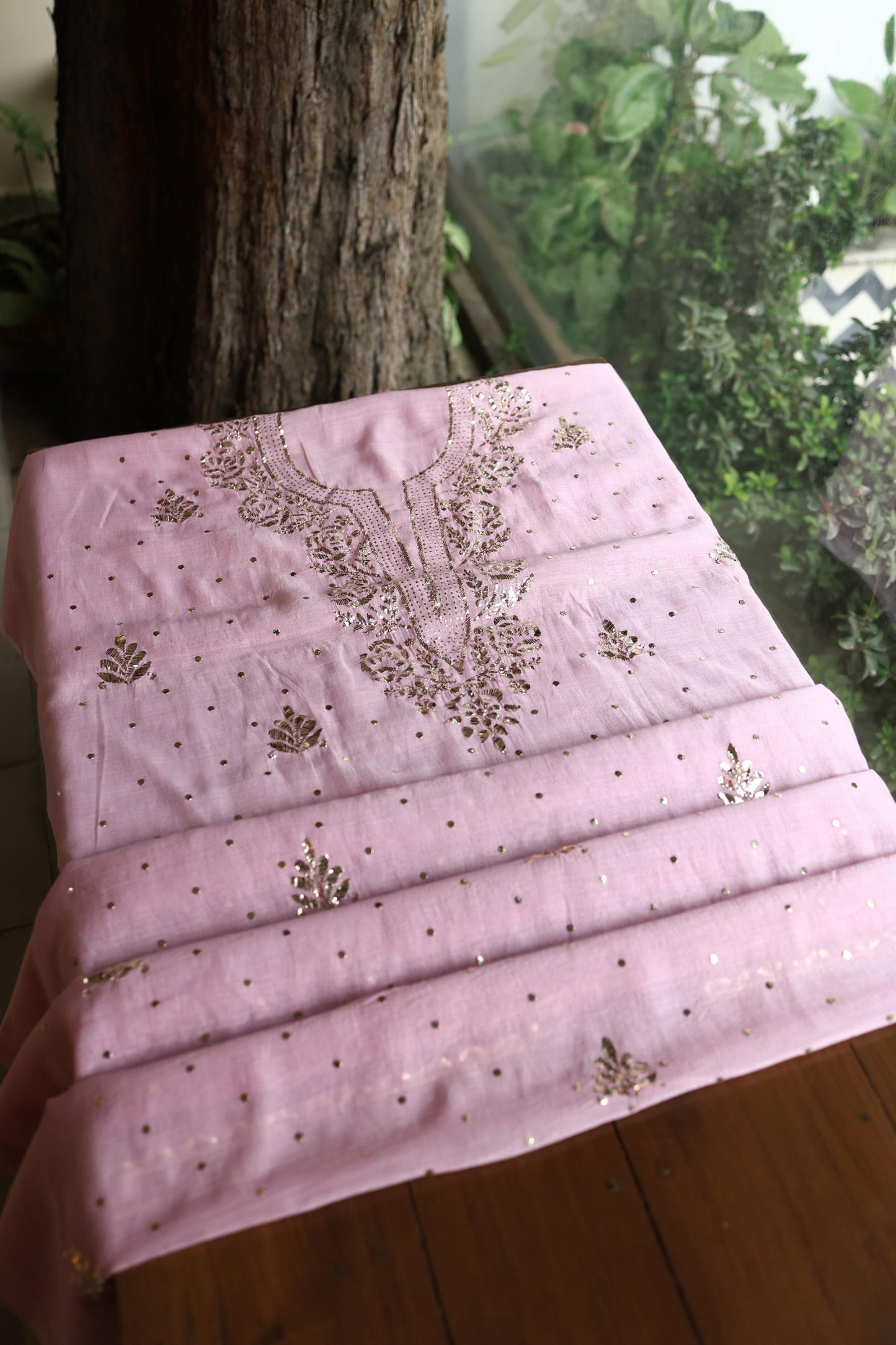Pastel Purple Chanderi Silk Mukaish Badla Unstitched Fabric