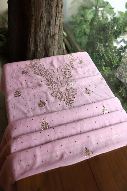 Pastel Purple Chanderi Silk Mukaish Badla Unstitched Fabric