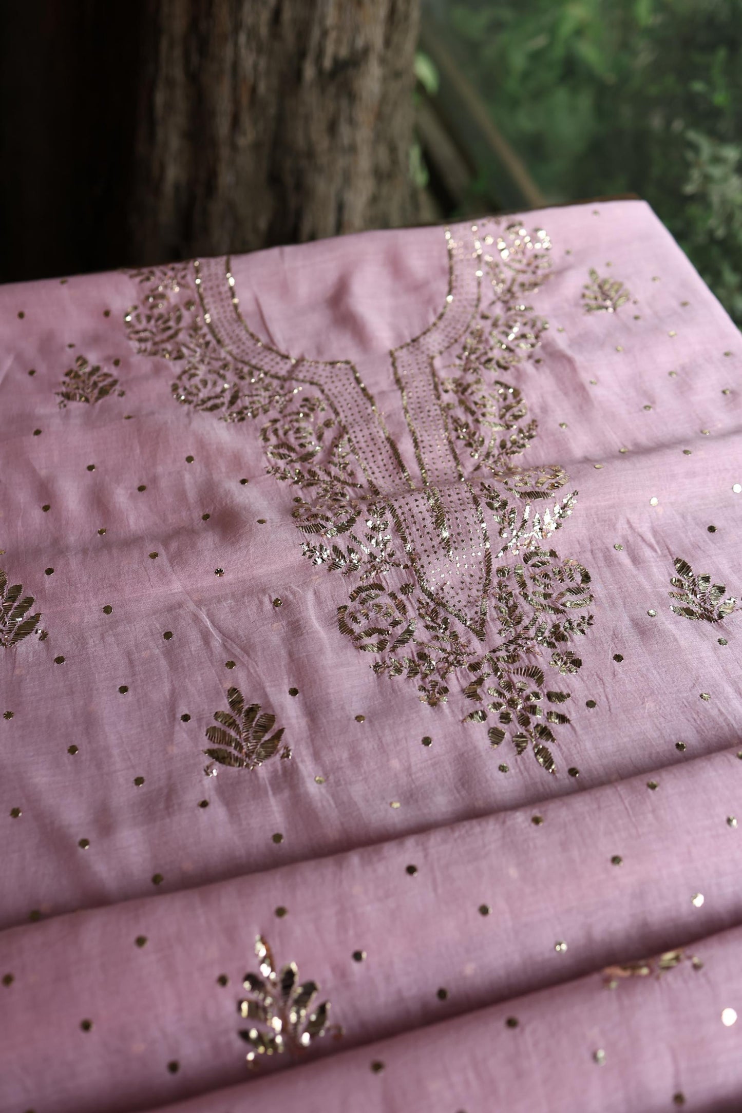 Pastel Purple Chanderi Silk Mukaish Badla Unstitched Fabric