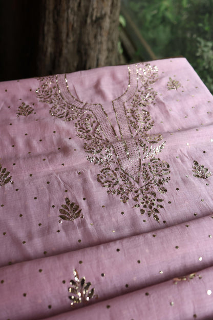 Pastel Purple Chanderi Silk Mukaish Badla Unstitched Fabric