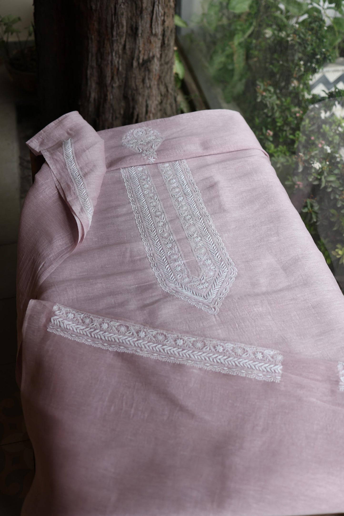 Pastel Purple Linen Chikankari Unstitched Men's Kurtas Fabric