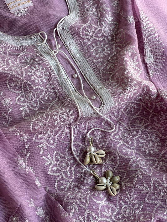 Pastel Purple Shade Semi Stitched Kota Tepchi Chikankari Kurta Dupatta Set