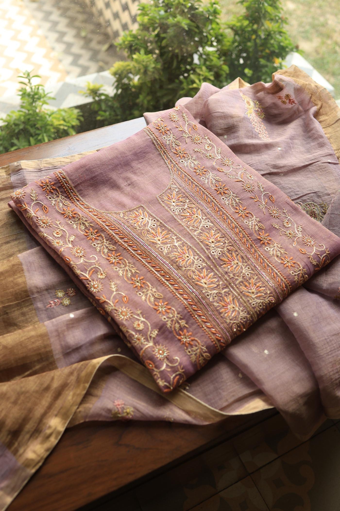 Pastel Purple Tissue Silk Chikankari Unstitched Fabric