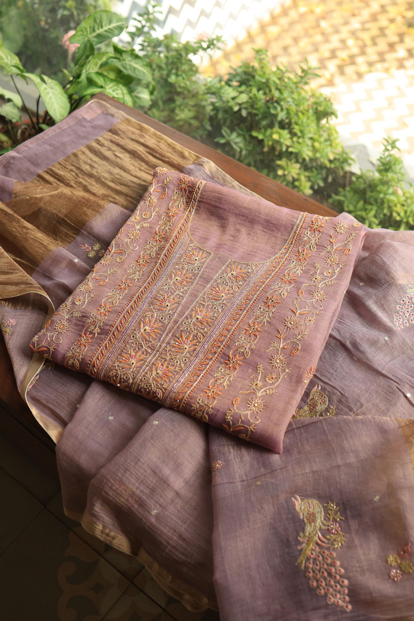 Pastel Purple Tissue Silk Chikankari Unstitched Fabric