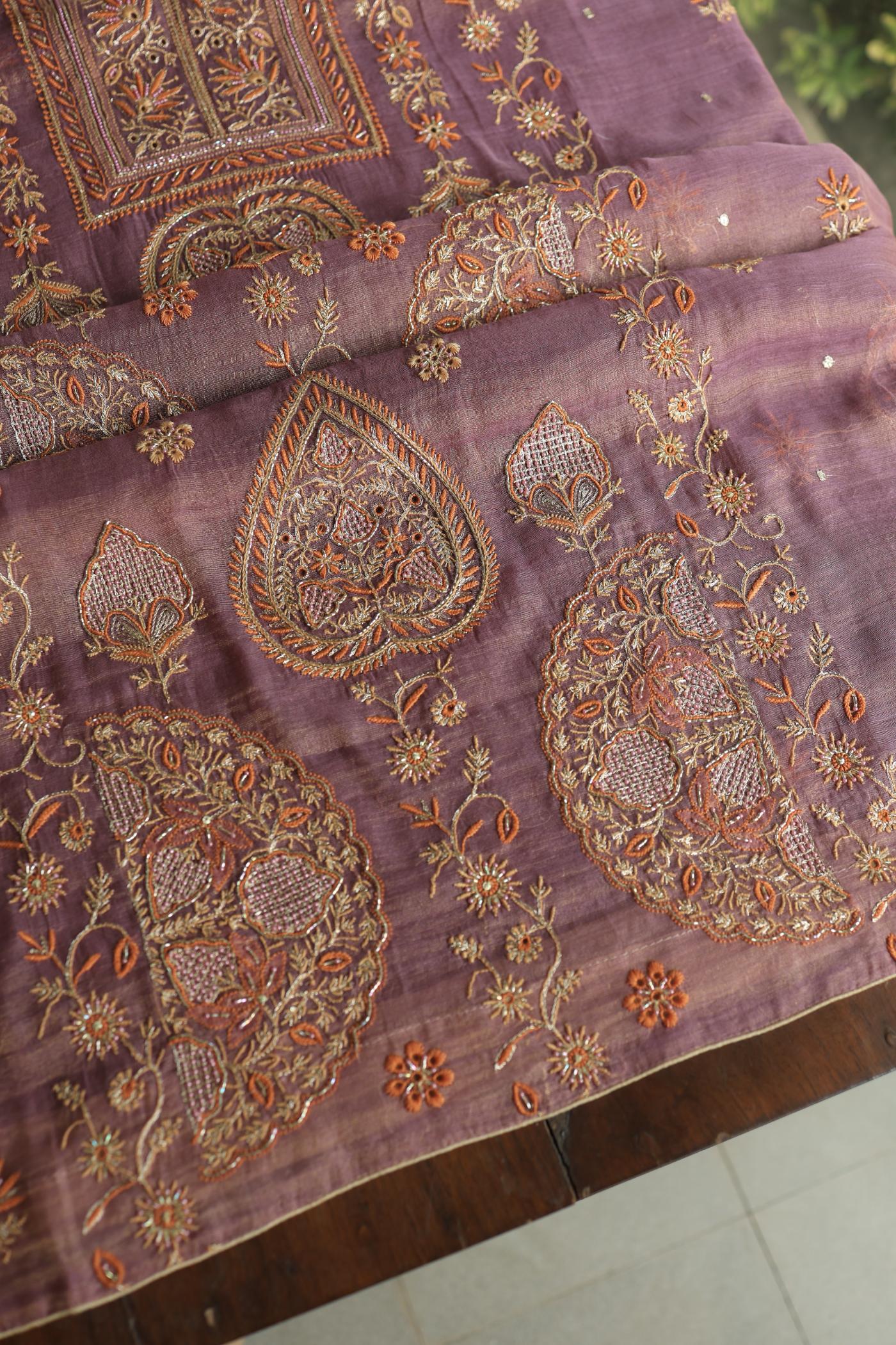 Dull Purple Tissue Silk Chikankari Unstitched Fabric