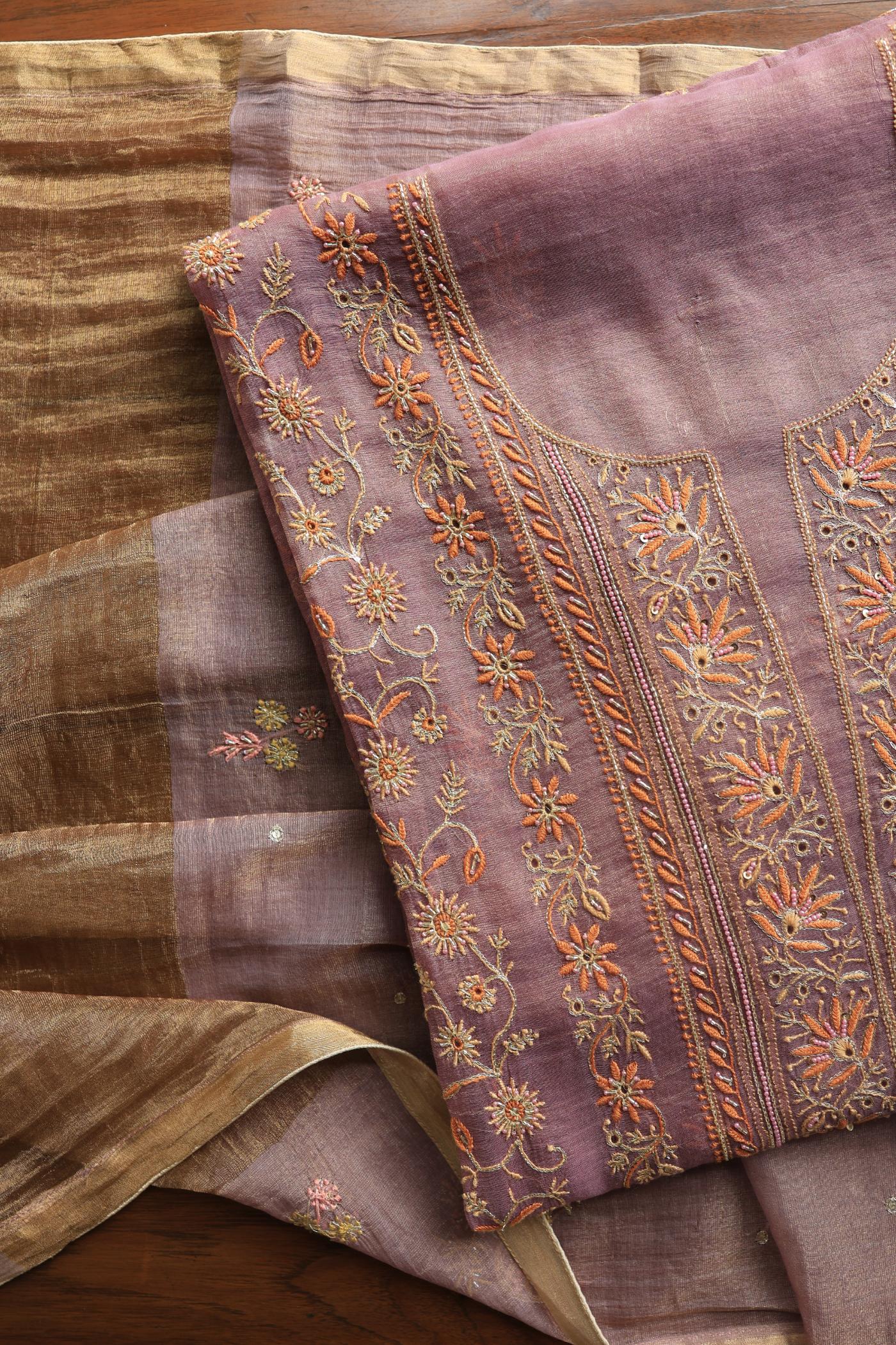 Pastel Purple Tissue Silk Chikankari Unstitched Fabric