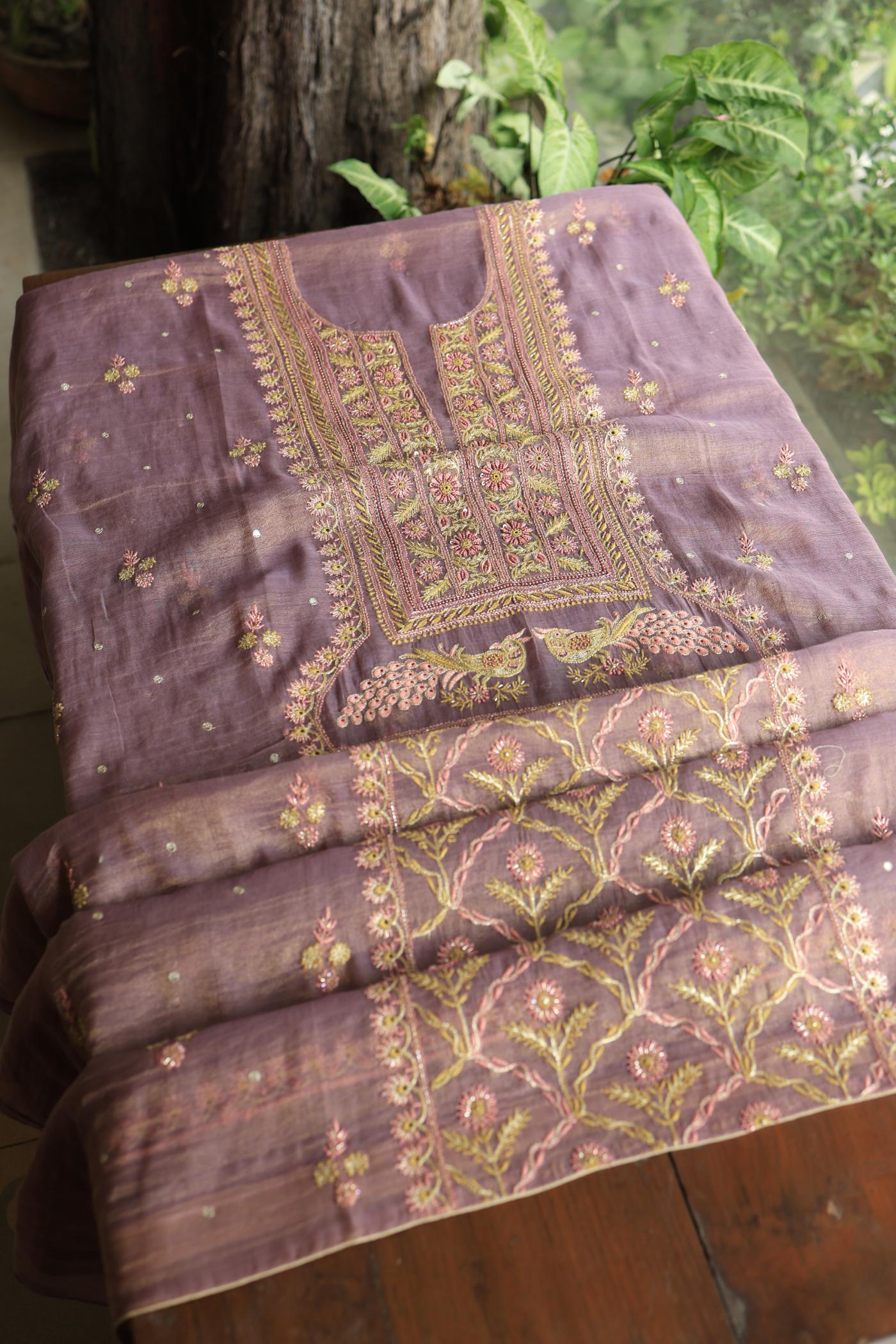 Pastel Purple Tissue Silk Chikankari Unstitched Fabric