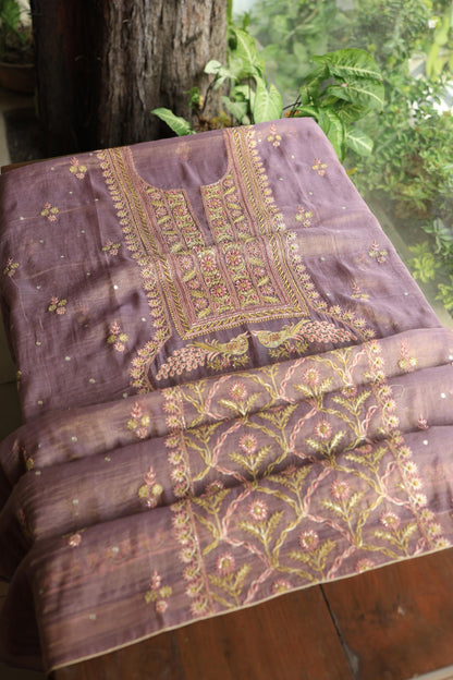 Pastel Purple Tissue Silk Chikankari Unstitched Fabric