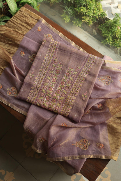 Dull Purple Tissue Silk Chikankari Unstitched Fabric