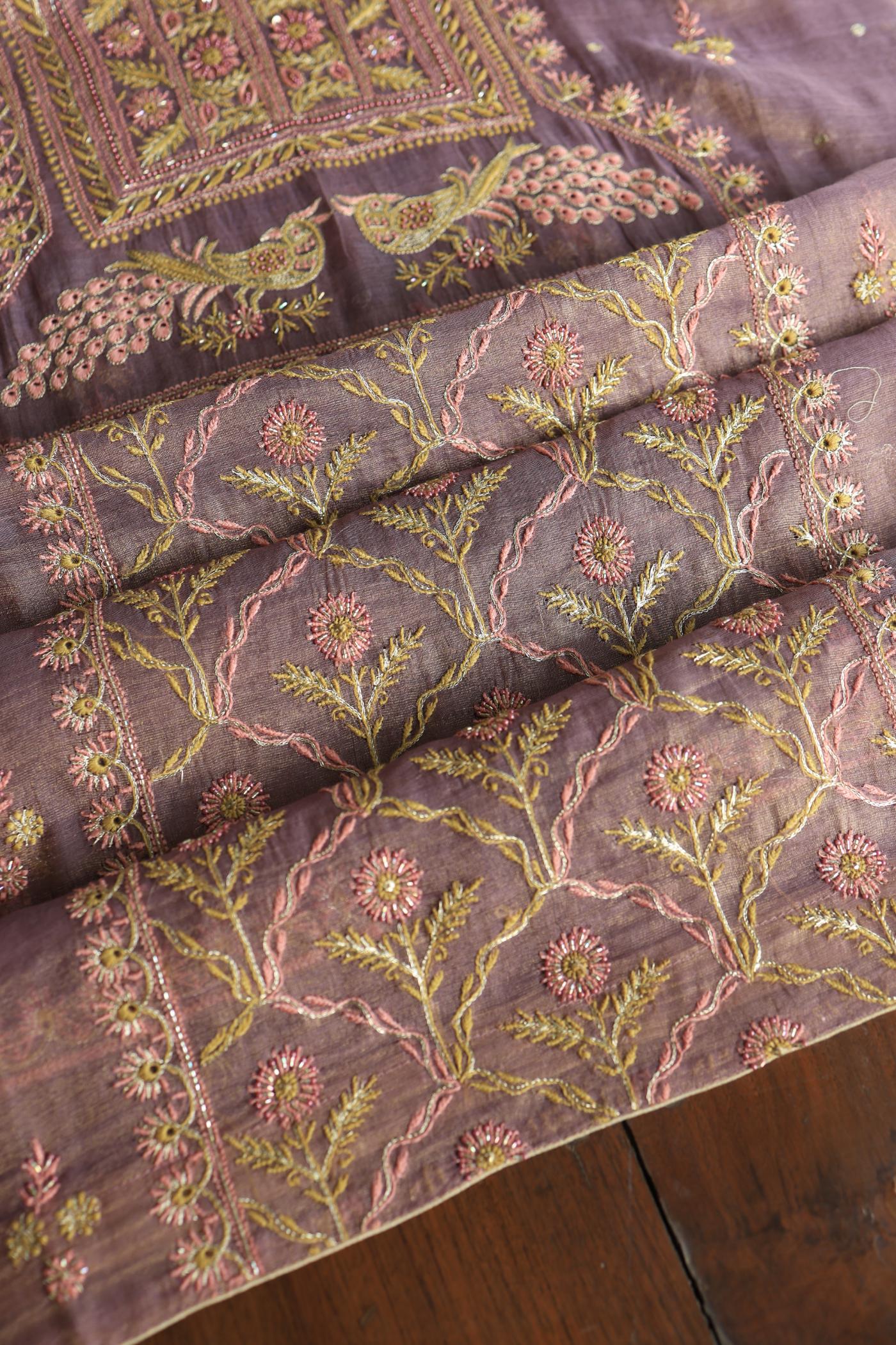 Pastel Purple Tissue Silk Chikankari Unstitched Fabric