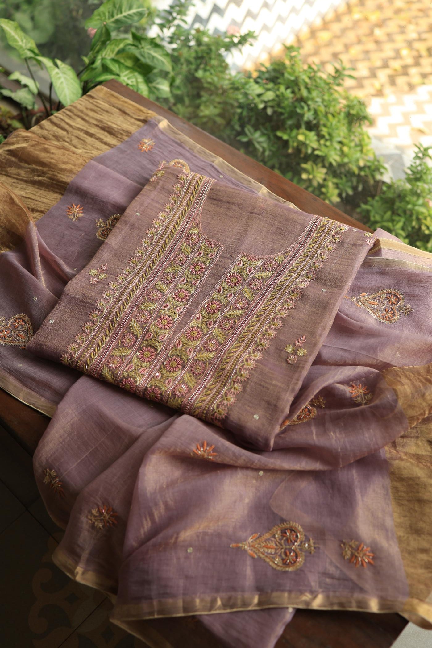 Dull Purple Tissue Silk Chikankari Unstitched Fabric