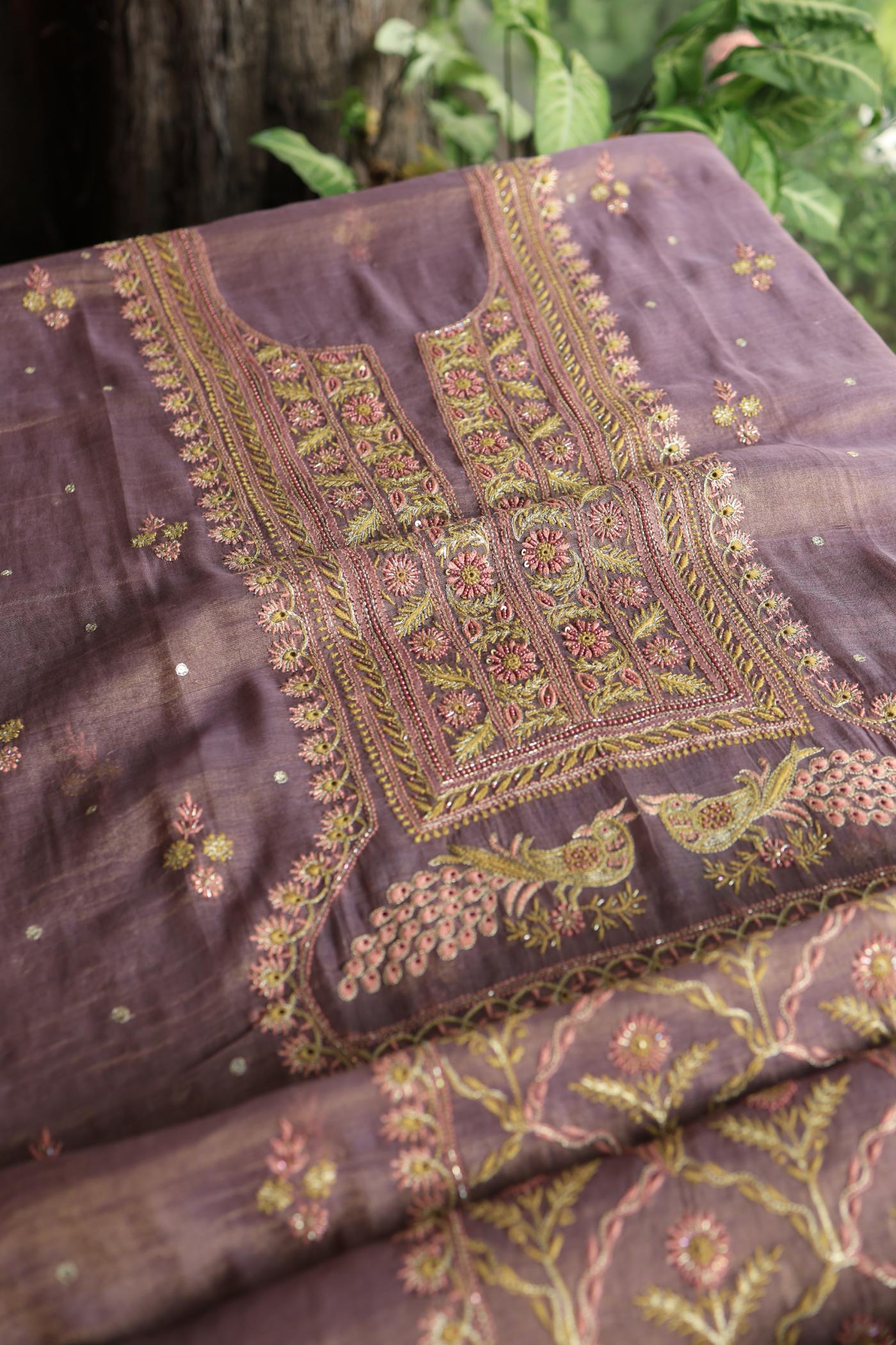 Pastel Purple Tissue Silk Chikankari Unstitched Fabric