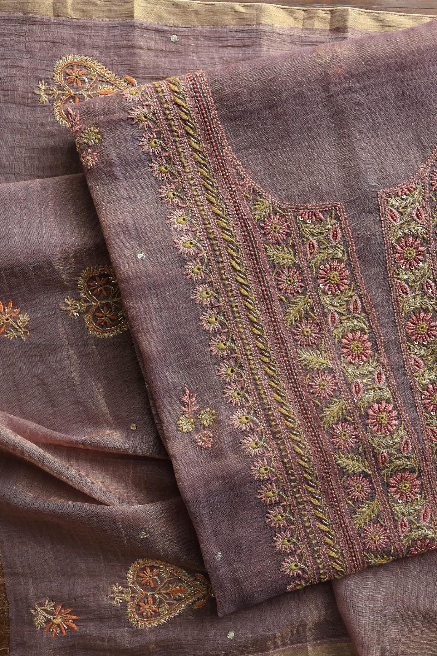 Dull Purple Tissue Silk Chikankari Unstitched Fabric
