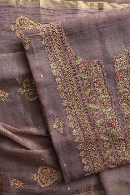 Dull Purple Tissue Silk Chikankari Unstitched Fabric