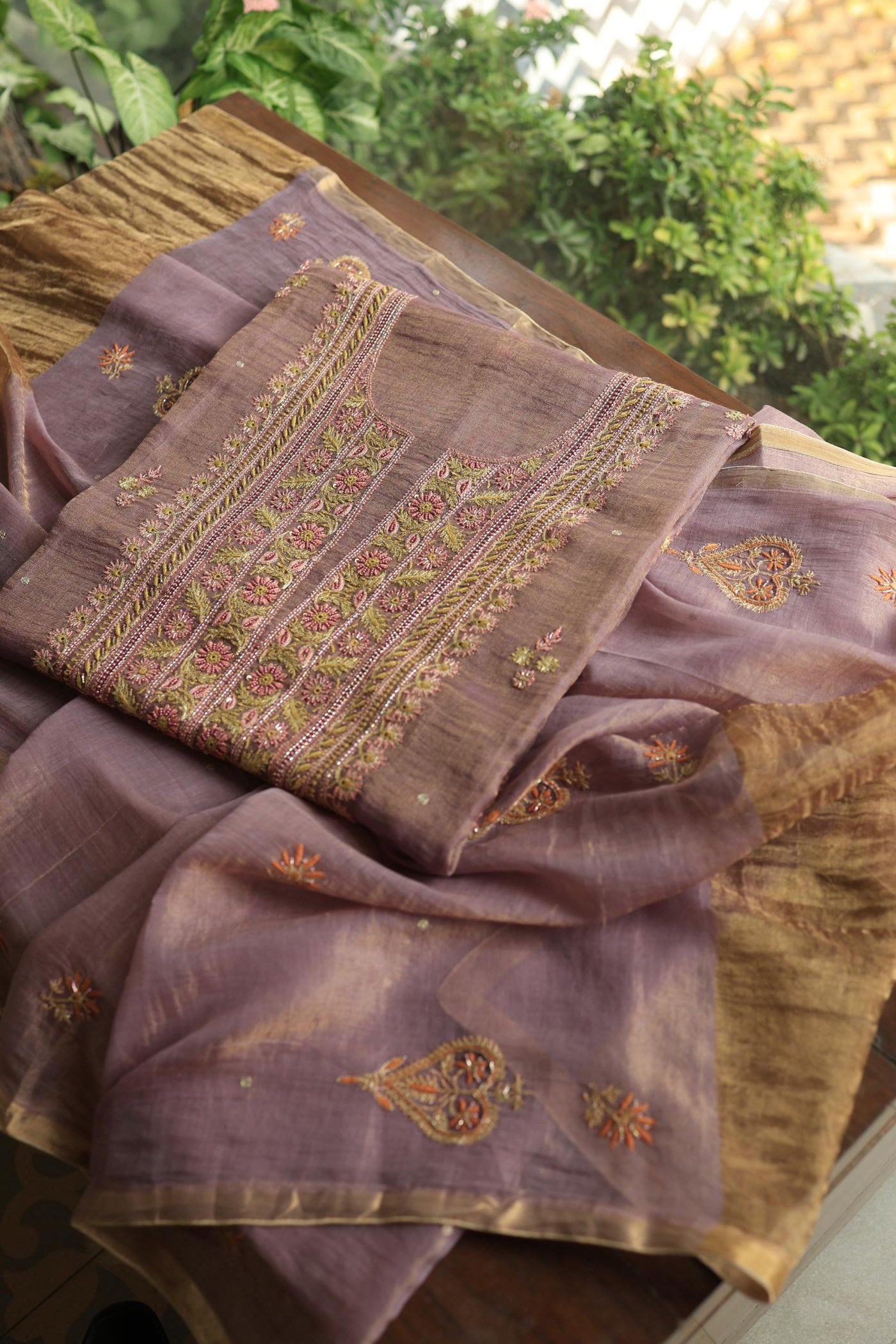 Dull Purple Tissue Silk Chikankari Unstitched Fabric