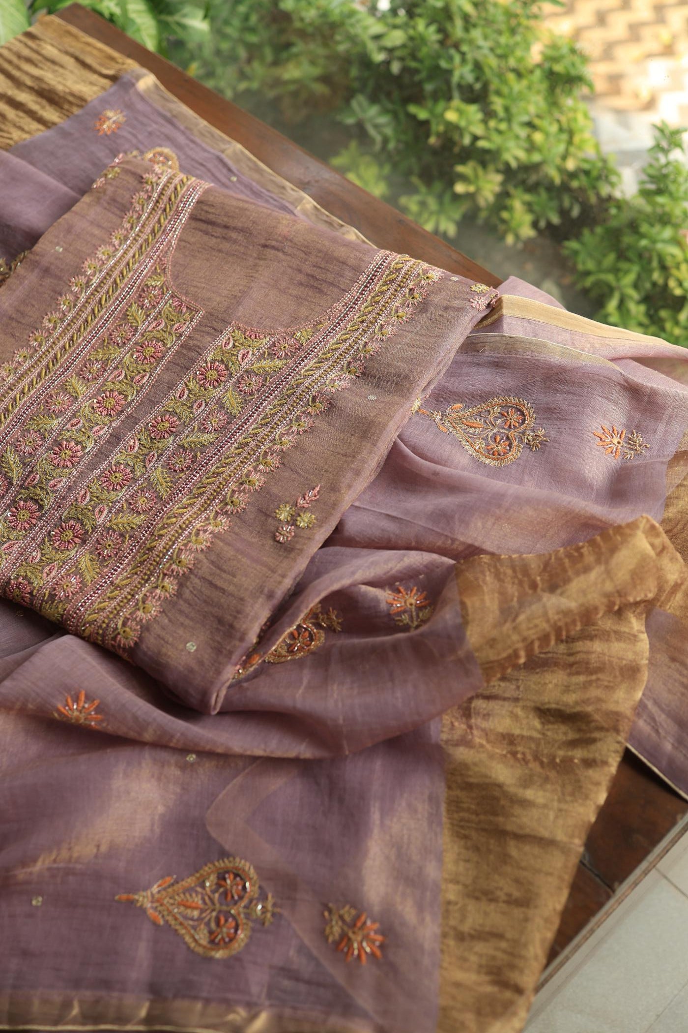 Dull Purple Tissue Silk Chikankari Unstitched Fabric