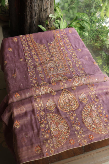 Dull Purple Tissue Silk Chikankari Unstitched Fabric