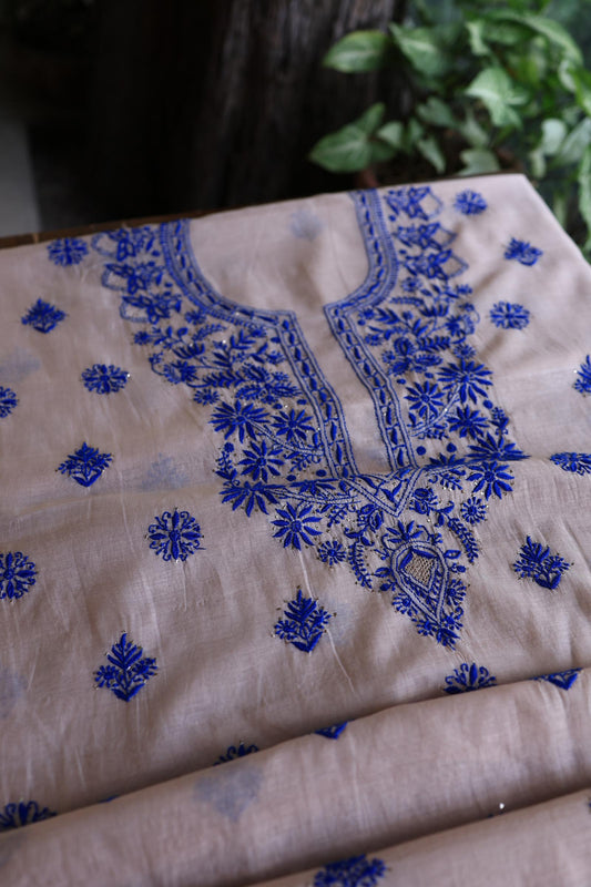 Pastel Purple & Blue Shade Mal Cotton Chikankari Unstitched Kurta Dupatta Fabrics With Kamdani