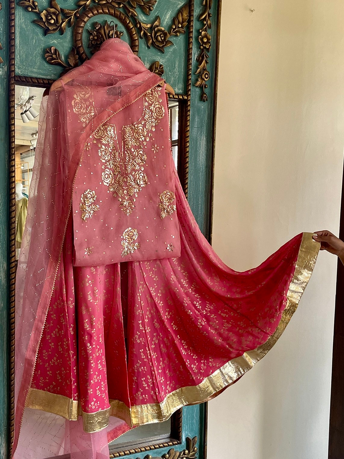 Pastel Rose Pink Ombre Foil Print Organza Chikankari Ready to Wear Sharara Set