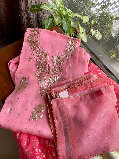 Pastel Rose Pink Ombre Foil Print Organza Chikankari Ready to Wear Sharara Set
