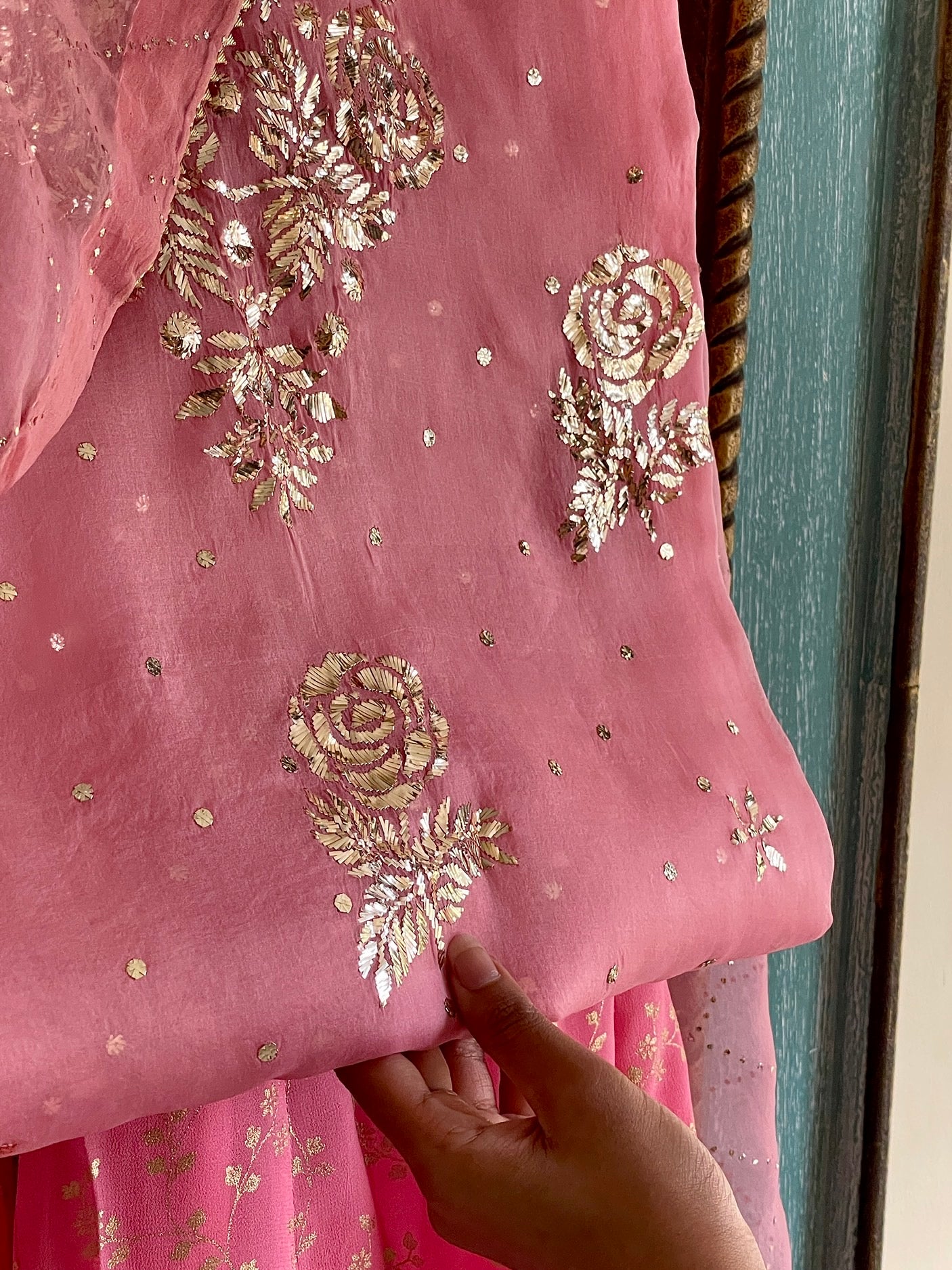 Pastel Rose Pink Ombre Foil Print Organza Chikankari Ready to Wear Sharara Set
