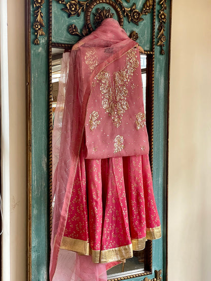 Pastel Rose Pink Ombre Foil Print Organza Chikankari Ready to Wear Sharara Set