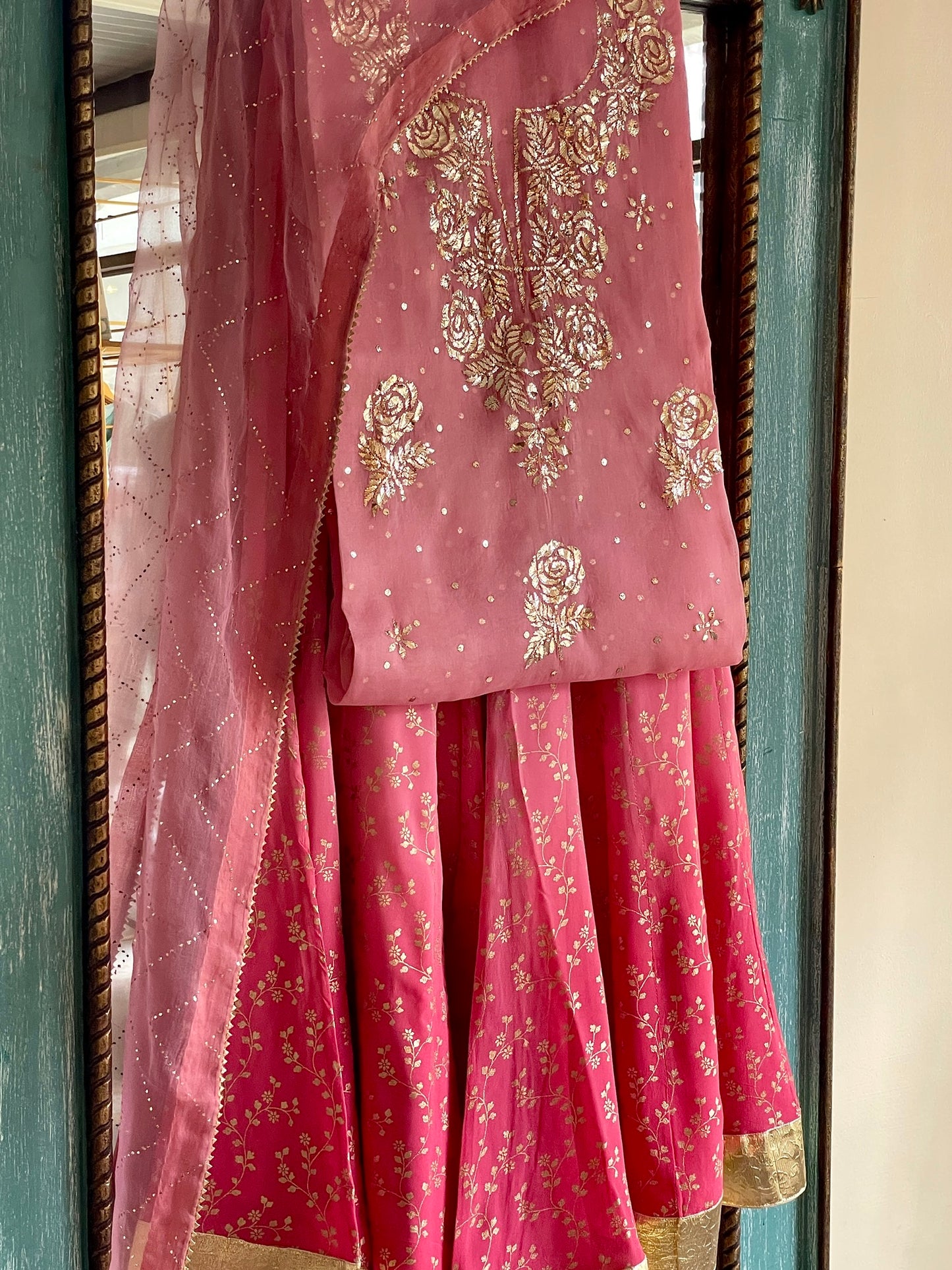 Pastel Rose Pink Ombre Foil Print Organza Chikankari Ready to Wear Sharara Set