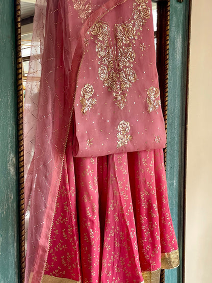 Pastel Rose Pink Ombre Foil Print Organza Chikankari Ready to Wear Sharara Set