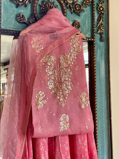 Pastel Rose Pink Ombre Foil Print Organza Chikankari Ready to Wear Sharara Set