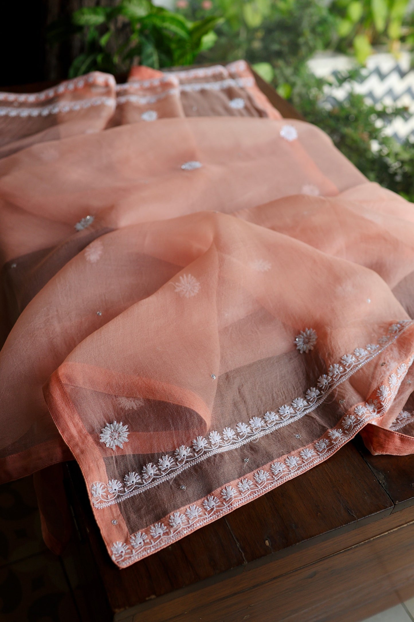 Pastel Rose Shade Noor Organza Banarasi Silk Chikankari Unstitched Kurta Dupatta Set