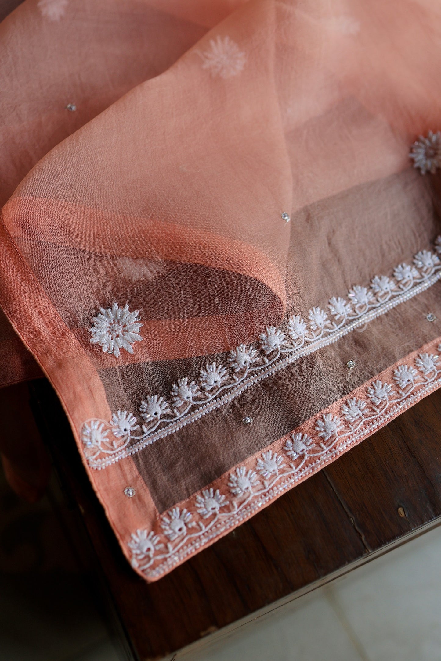 Pastel Rose Shade Noor Organza Banarasi Silk Chikankari Unstitched Kurta Dupatta Set