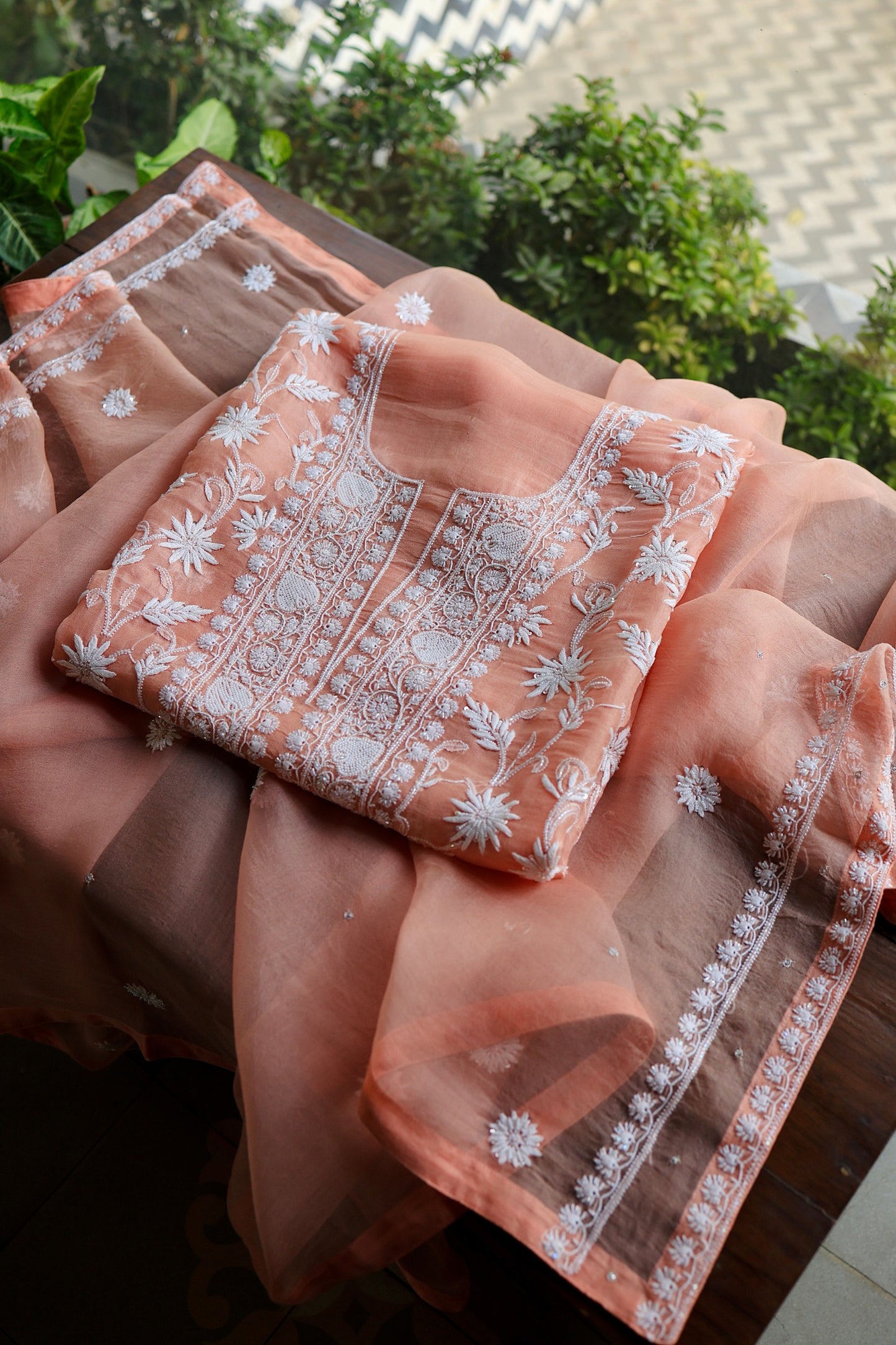 Pastel Rose Shade Noor Organza Banarasi Silk Chikankari Unstitched Kurta Dupatta Set