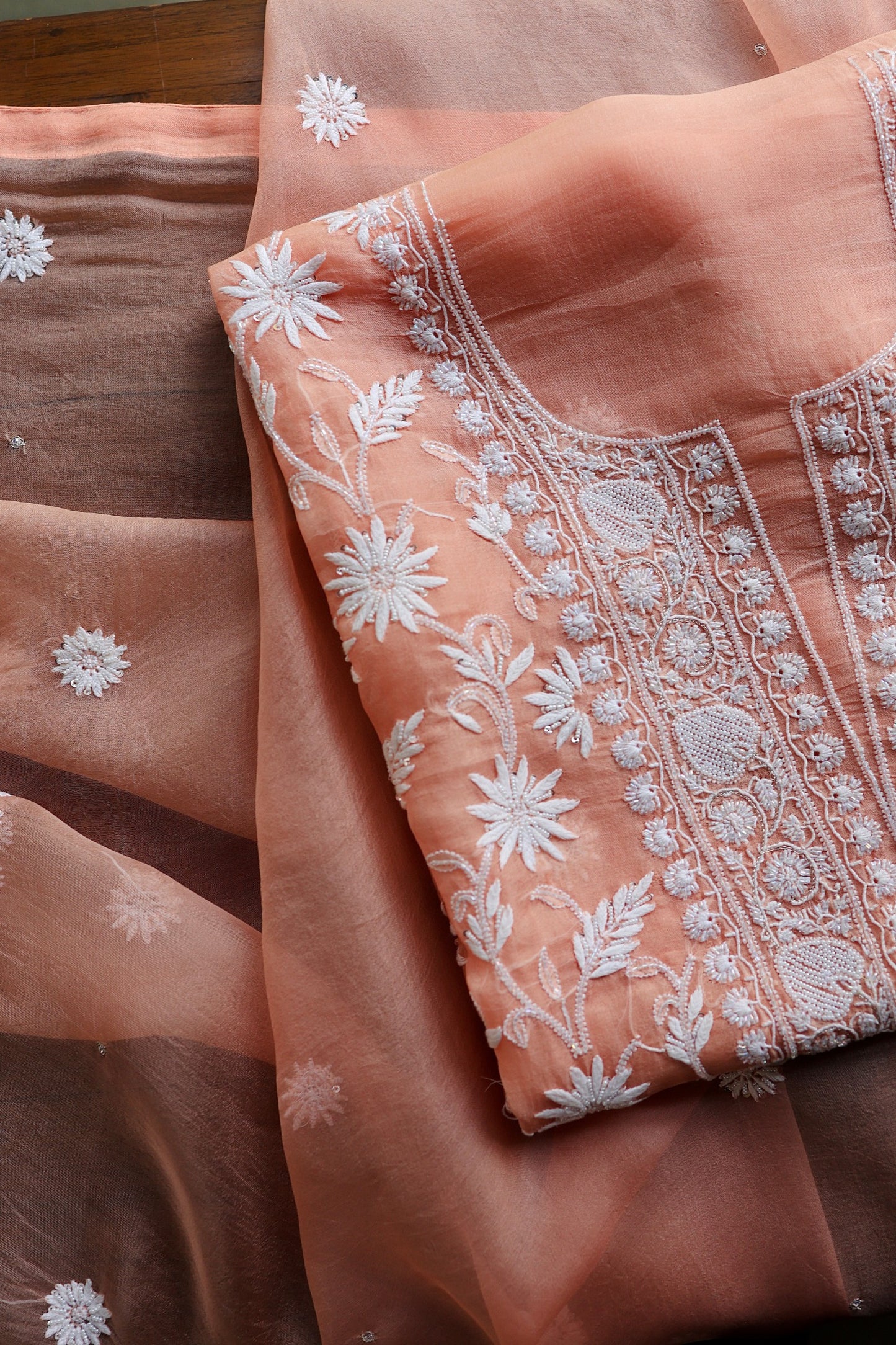 Pastel Rose Shade Noor Organza Banarasi Silk Chikankari Unstitched Kurta Dupatta Set