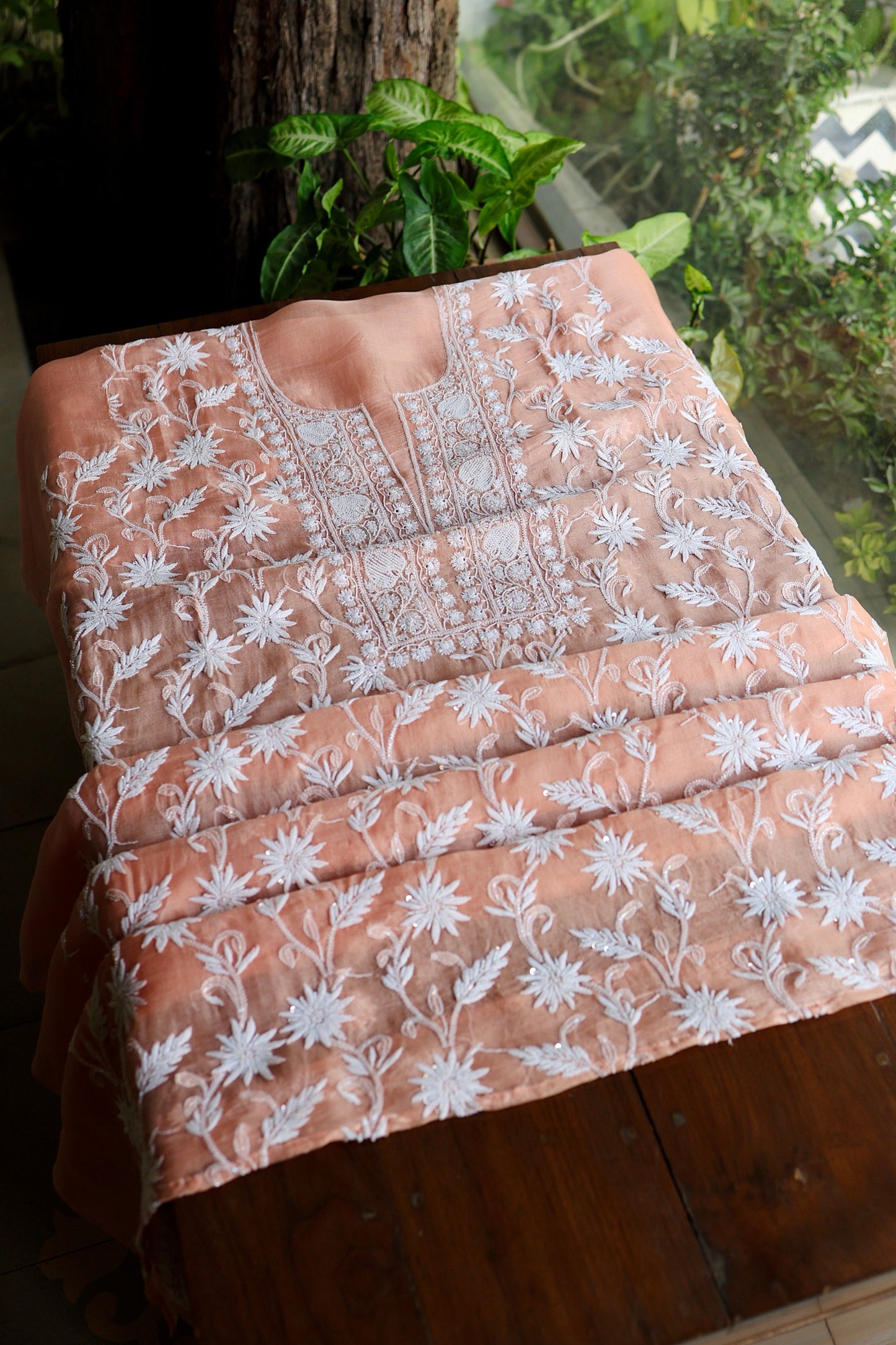 Pastel Rose Shade Noor Organza Banarasi Silk Chikankari Unstitched Kurta Dupatta Set