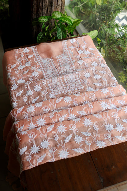 Pastel Rose Shade Noor Organza Banarasi Silk Chikankari Unstitched Kurta Dupatta Set