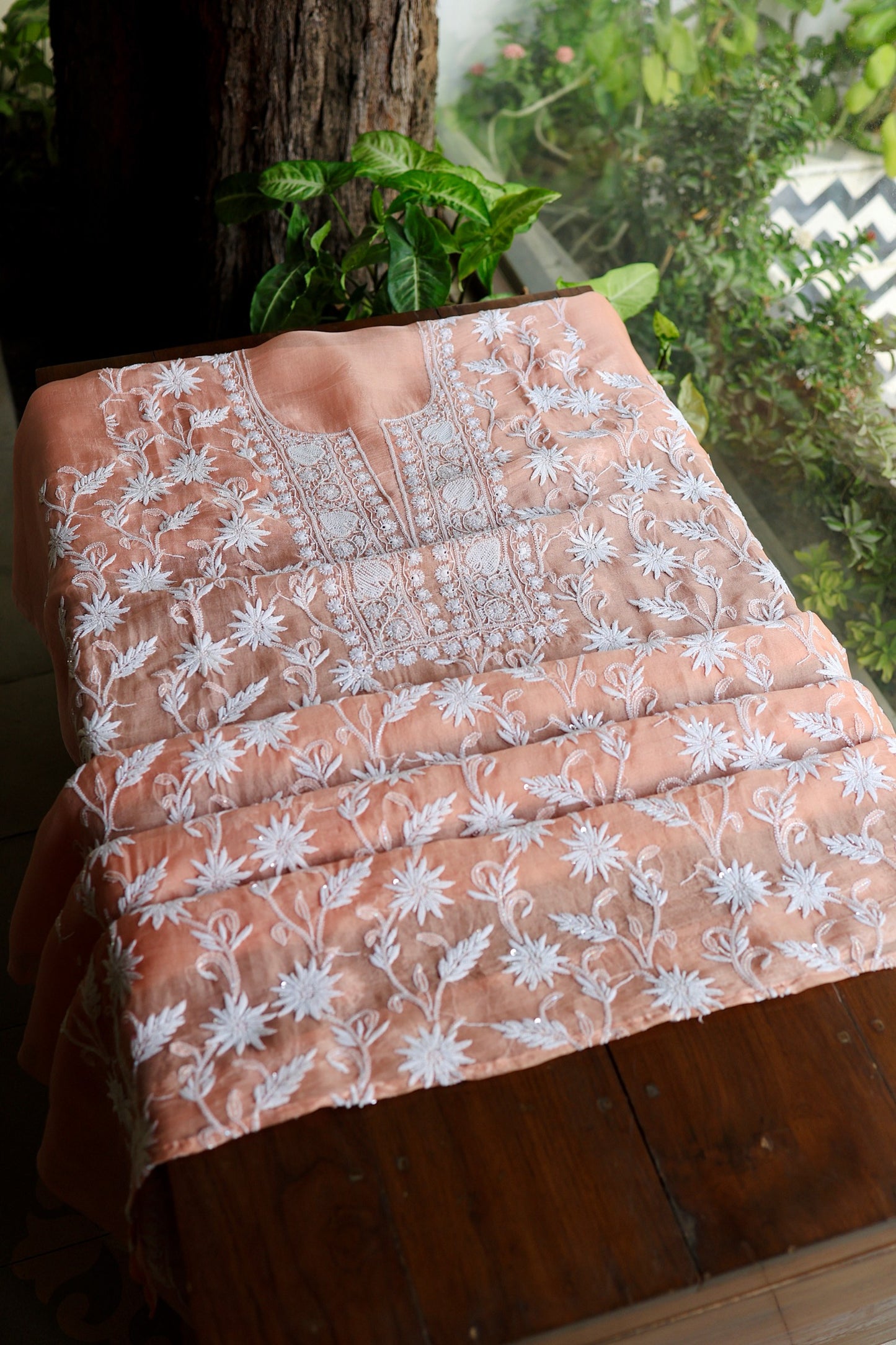 Pastel Rose Shade Noor Organza Banarasi Silk Chikankari Unstitched Kurta Dupatta Set