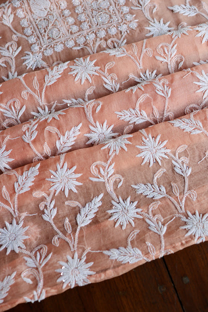 Pastel Rose Shade Noor Organza Banarasi Silk Chikankari Unstitched Kurta Dupatta Set