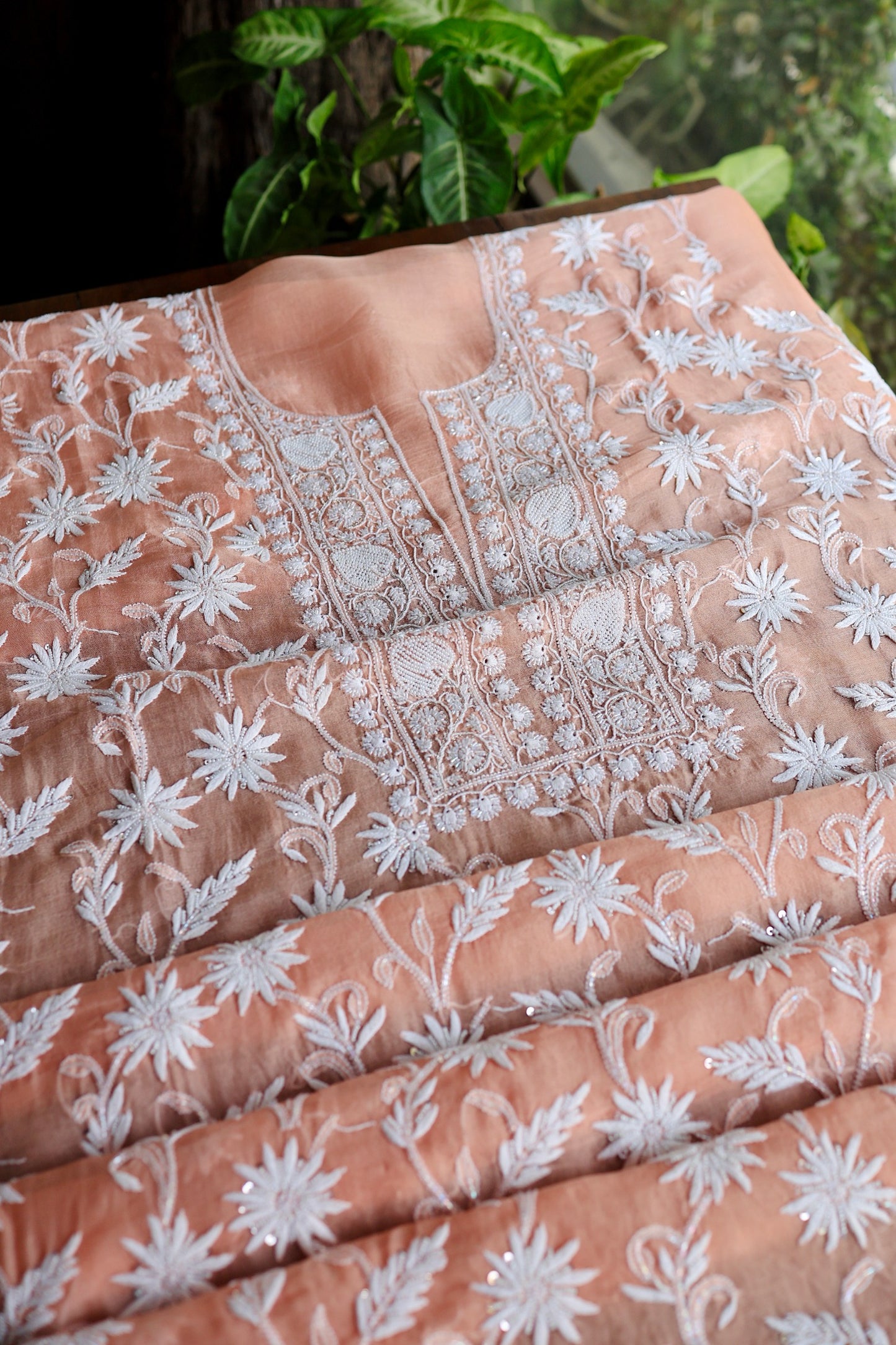 Pastel Rose Shade Noor Organza Banarasi Silk Chikankari Unstitched Kurta Dupatta Set