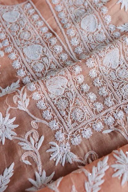 Pastel Rose Shade Noor Organza Banarasi Silk Chikankari Unstitched Kurta Dupatta Set