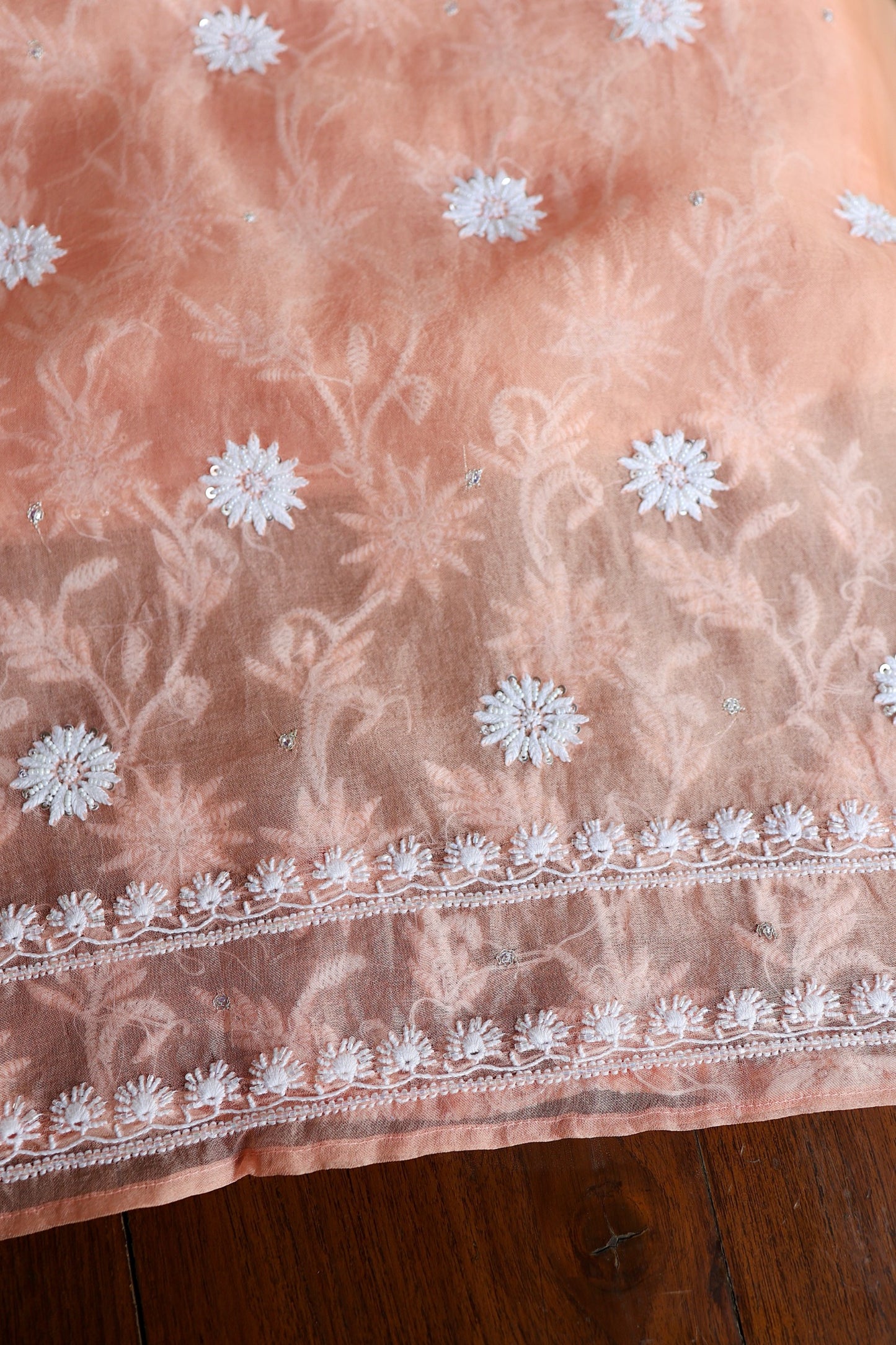 Pastel Rose Shade Noor Organza Banarasi Silk Chikankari Unstitched Kurta Dupatta Set