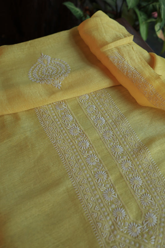 Pastel Yellow Linen Chikankari Unstitched Men's Kurtas Fabric